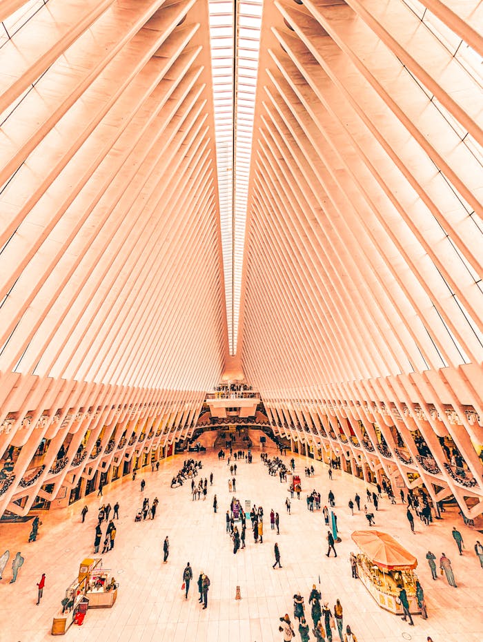 Vibrant view of the Oculus interior in New York City with people walking.